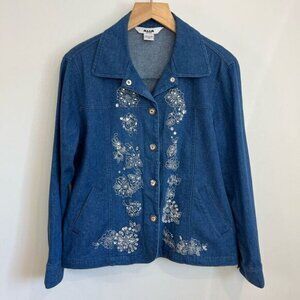Vintage Allia Petites Women’s 10P Blue Floral Embroidered Button Down Shirt Top